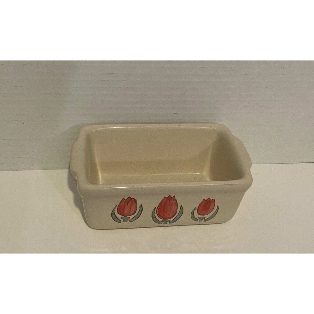 NANTUCKET Stoneware Ceramic LOAF PAN Bread Baking Mini Beige+ Tulips 🌷🌷🌷6x4